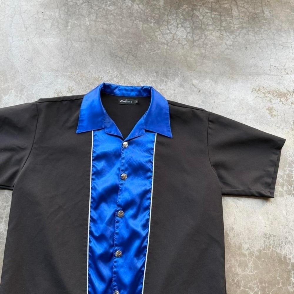Vintage 90's Satin blue polyester black camo collar button up bowling shirt - Picture 2 of 5